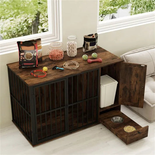 Coffee Table Dog Crate Furniture with Pull-Out Feeder CJ