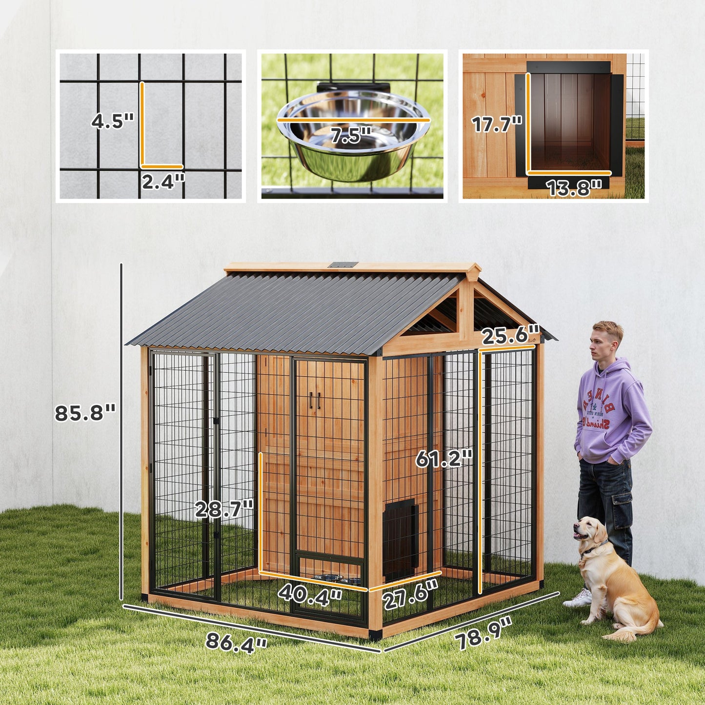 Extra Large Luxury Wooden Outdoor Dog Kennel with Covered House, Storage Cabinet and Elevated Feeding Station CJ