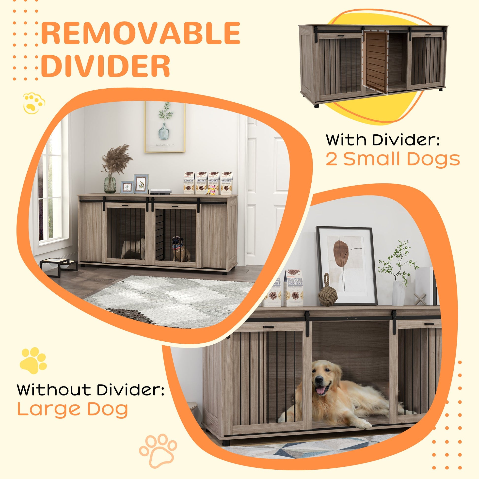 Modern Dog Kennel Furniture with Storage – Walnut Double Dog Crate & TV Stand CJ