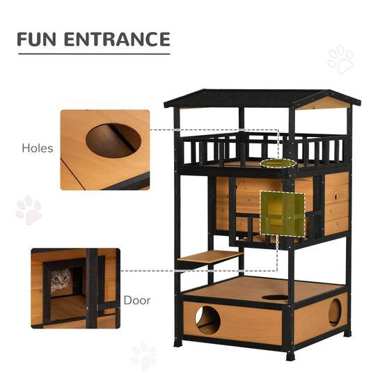 Wooden Outdoor Cat House – 3-Tier Feral Cat Shelter with Roof, Escape Doors and Climbing Platforms CJ