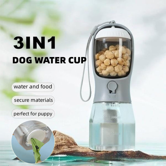 Portable Dog Water Bottle with Food Container and Waste Bag Dispenser | Travel Pet Water Cup CJ