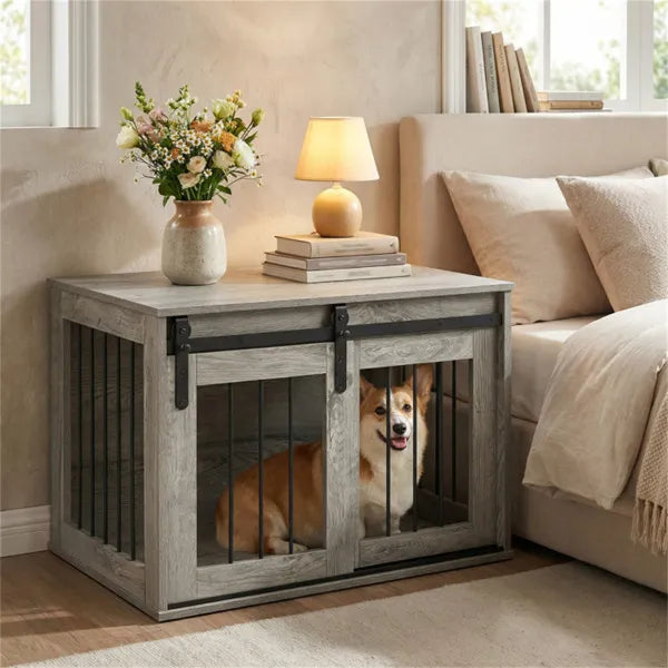 Dog Crate Furniture with Sliding Barn Door – Wooden Dog Kennel End Table CJ