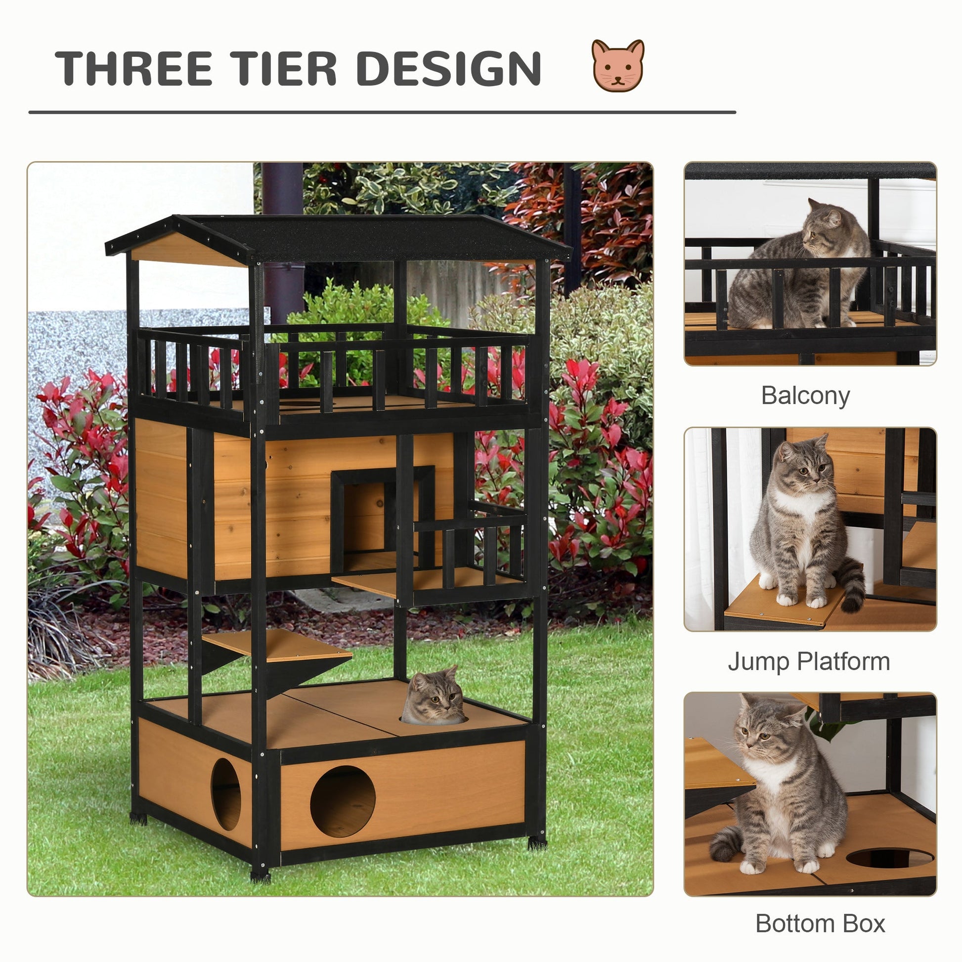Wooden Outdoor Cat House – 3-Tier Feral Cat Shelter with Roof, Escape Doors and Climbing Platforms CJ