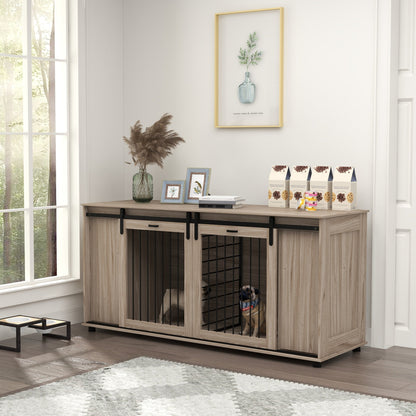 Modern Dog Kennel Furniture with Storage – Walnut Double Dog Crate & TV Stand CJ