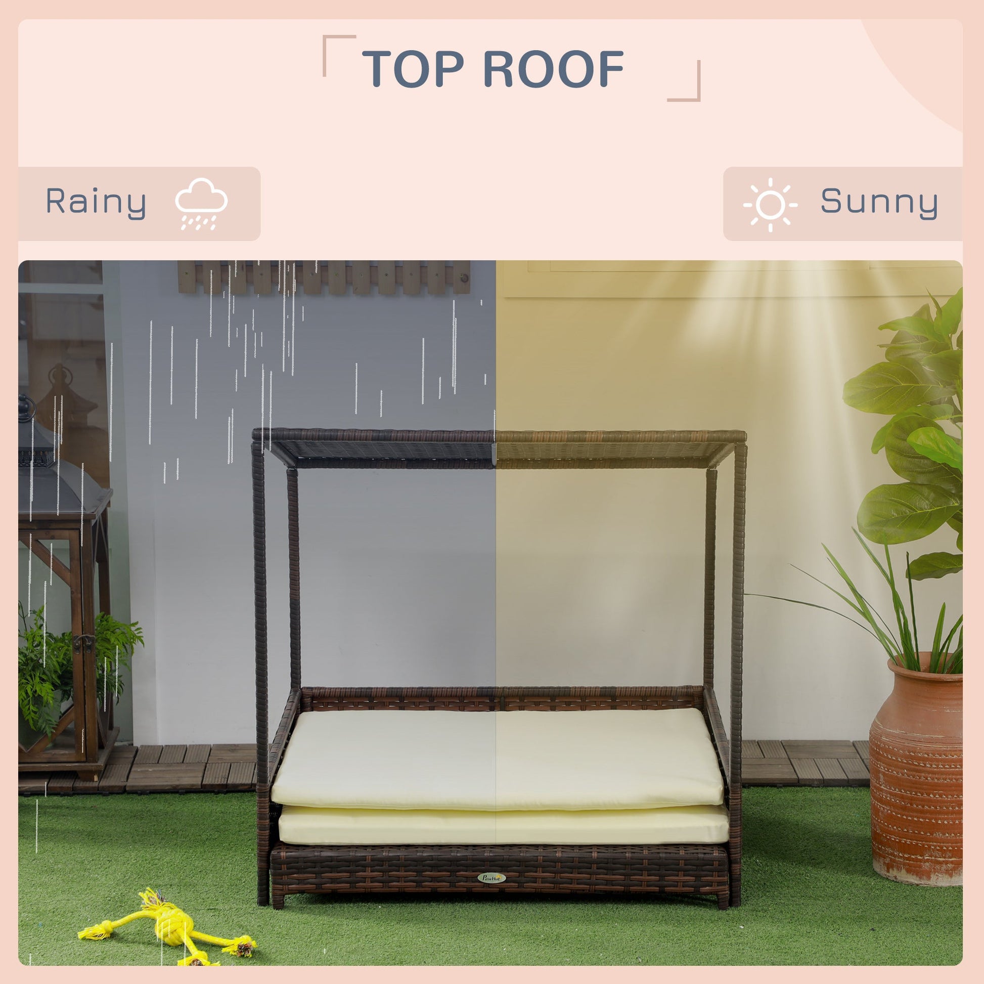 Outdoor Wicker Dog Bed with Roof – Extendable Raised Pet Bed with Cushion CJ