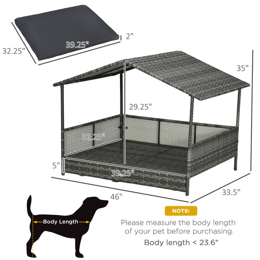 Large Outdoor Dog Bed with Canopy – Rattan Elevated Dog House with Cushion CJ