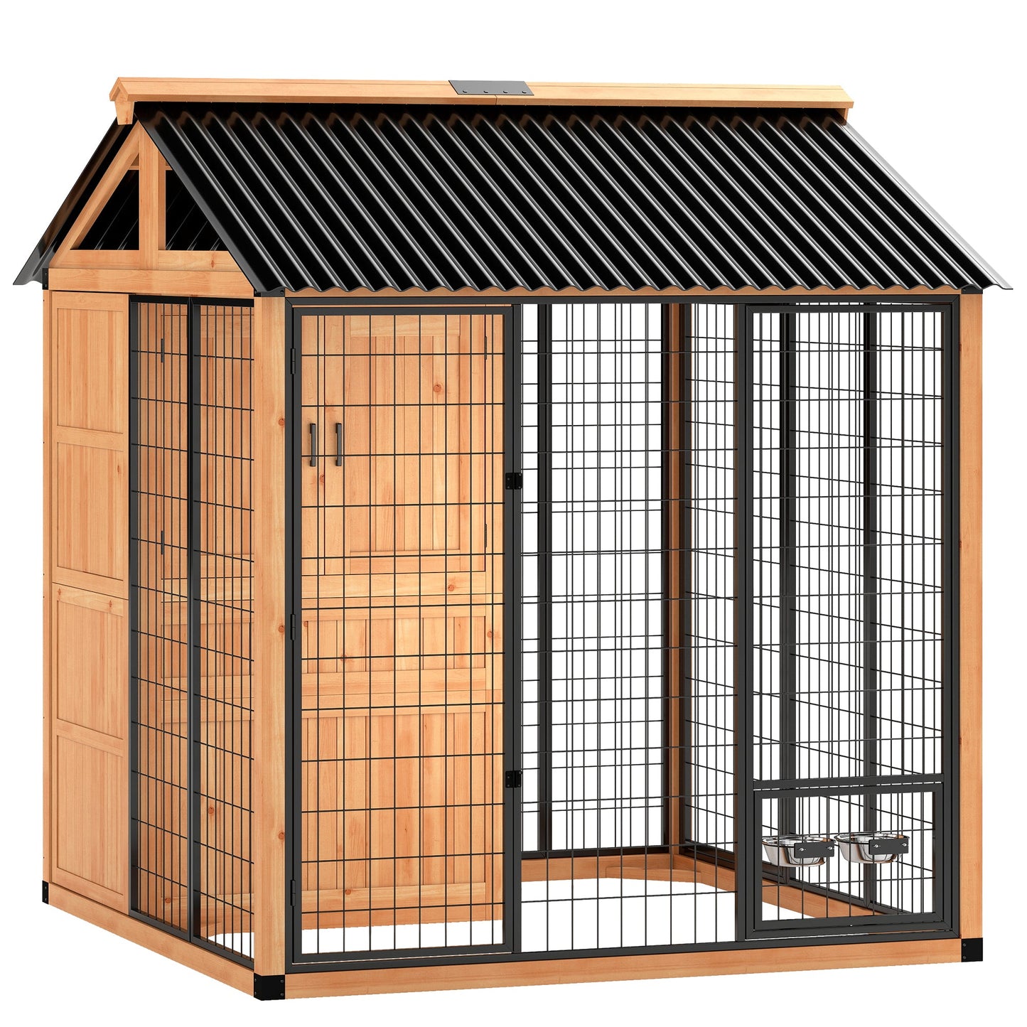 Extra Large Luxury Wooden Outdoor Dog Kennel with Covered House, Storage Cabinet and Elevated Feeding Station CJ