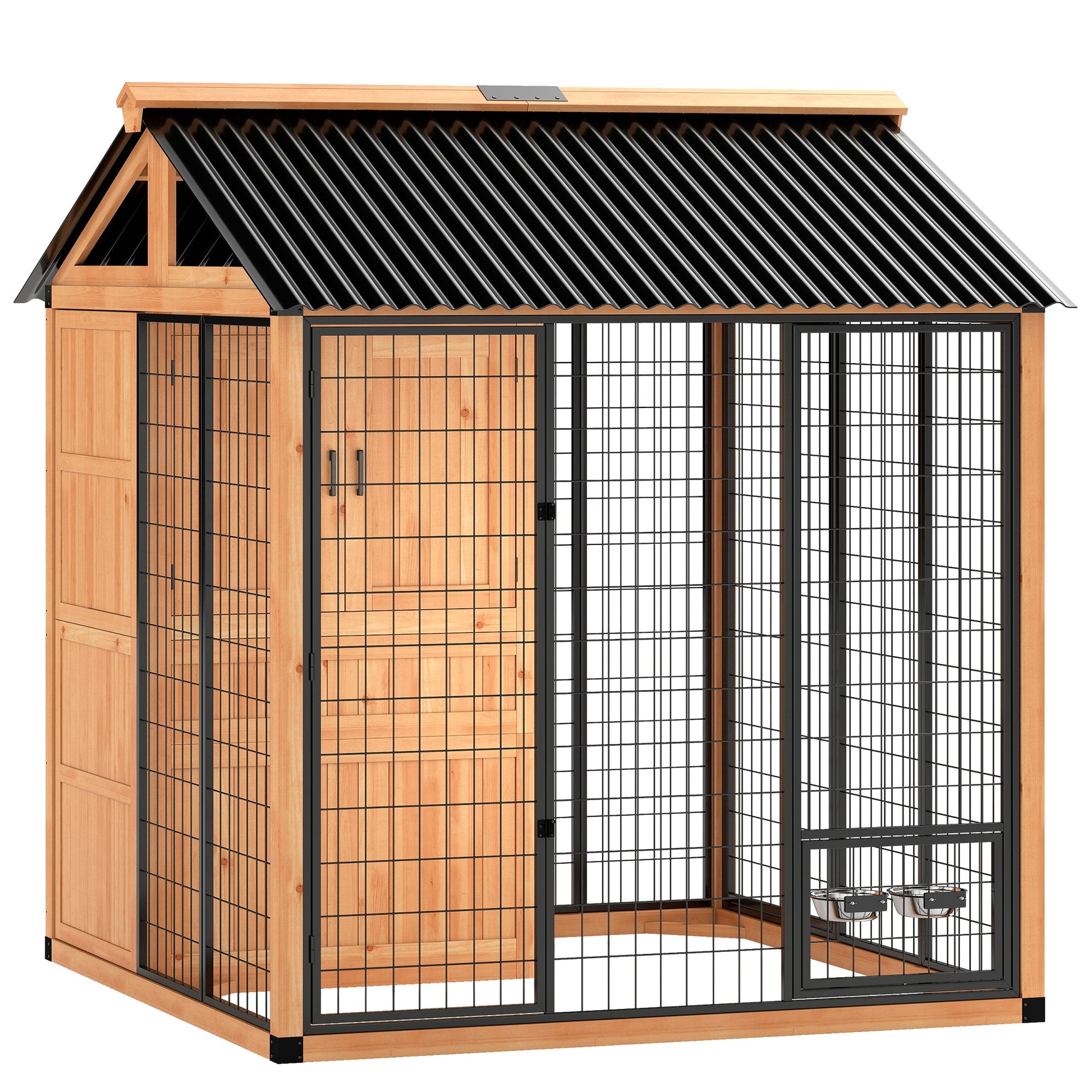 Extra Large Luxury Wooden Outdoor Dog Kennel with Covered House, Storage Cabinet and Elevated Feeding Station CJ