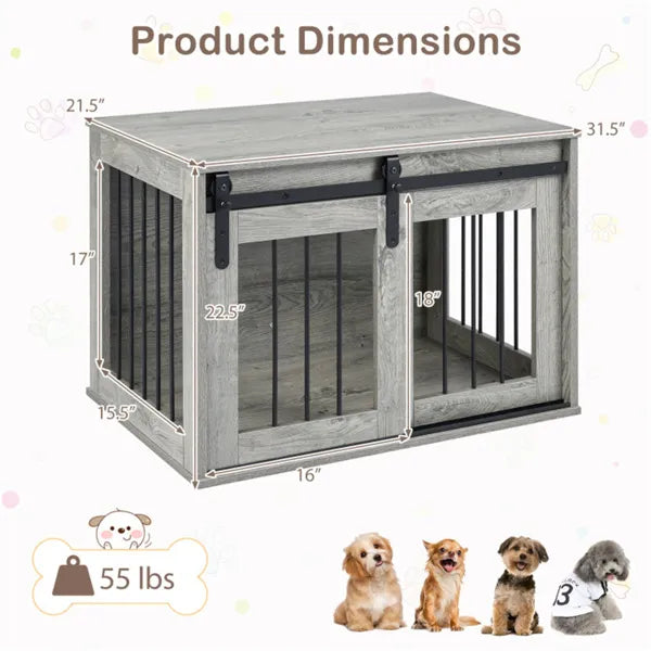 Dog Crate Furniture with Sliding Barn Door – Wooden Dog Kennel End Table CJ