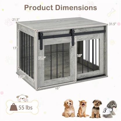 Dog Crate Furniture with Sliding Barn Door – Wooden Dog Kennel End Table CJ