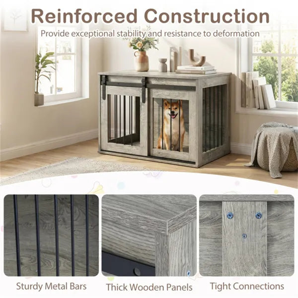 Dog Crate Furniture with Sliding Barn Door – Wooden Dog Kennel End Table CJ