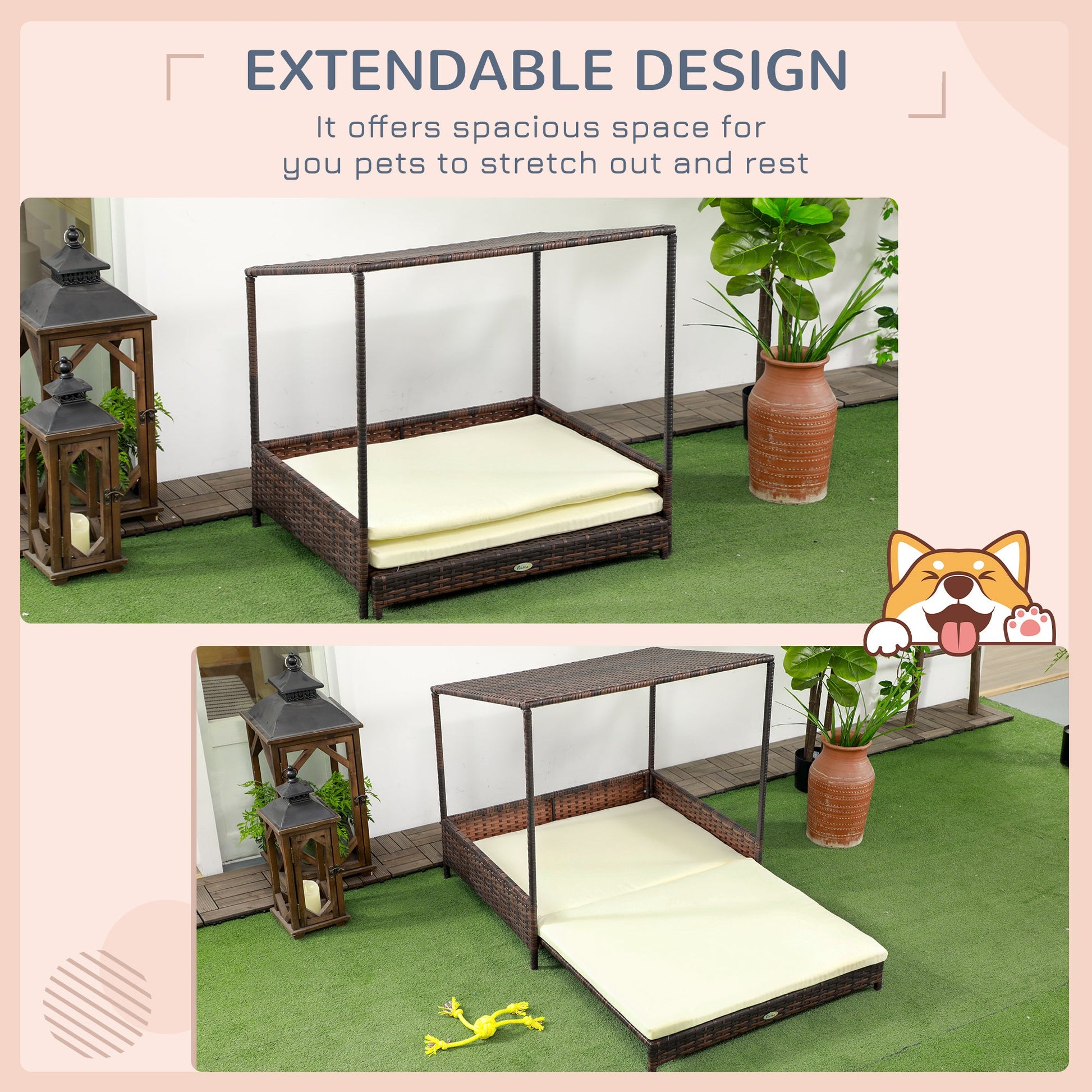 Outdoor Wicker Dog Bed with Roof – Extendable Raised Pet Bed with Cushion CJ