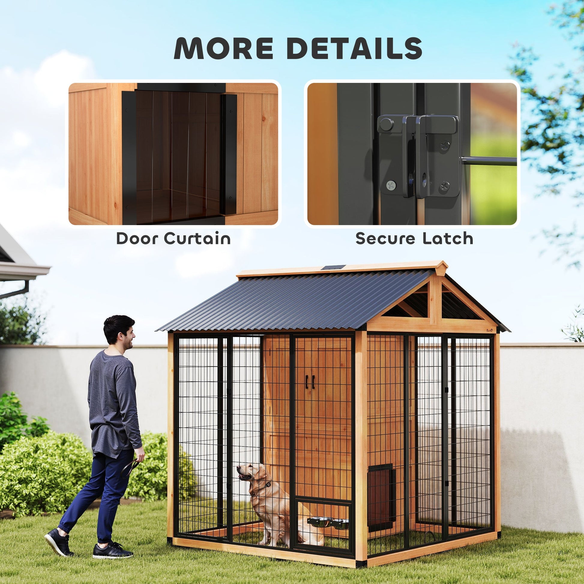 Extra Large Luxury Wooden Outdoor Dog Kennel with Covered House, Storage Cabinet and Elevated Feeding Station CJ