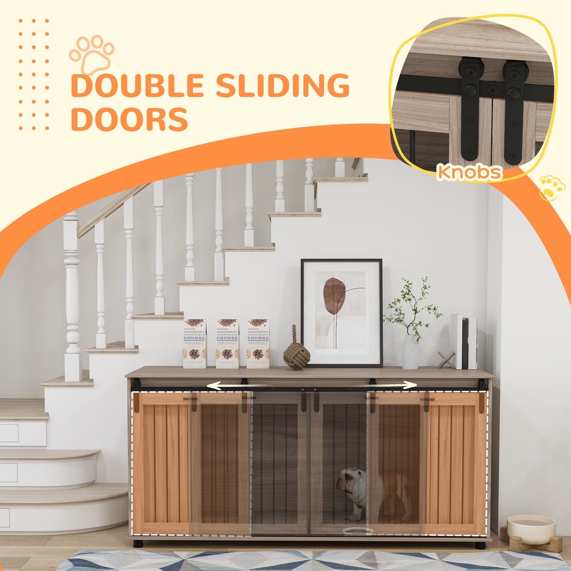 Modern Dog Kennel Furniture with Storage – Walnut Double Dog Crate & TV Stand CJ