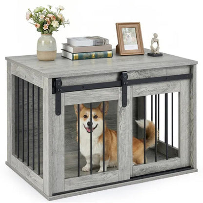 Dog Crate Furniture with Sliding Barn Door – Wooden Dog Kennel End Table CJ