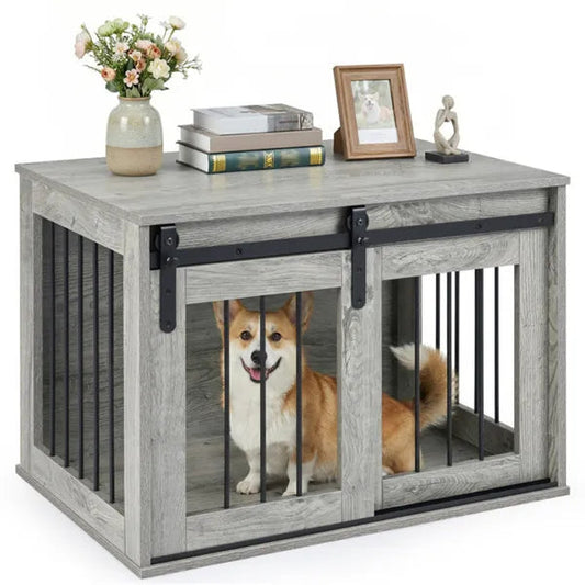 Dog Crate Furniture with Sliding Barn Door – Wooden Dog Kennel End Table CJ