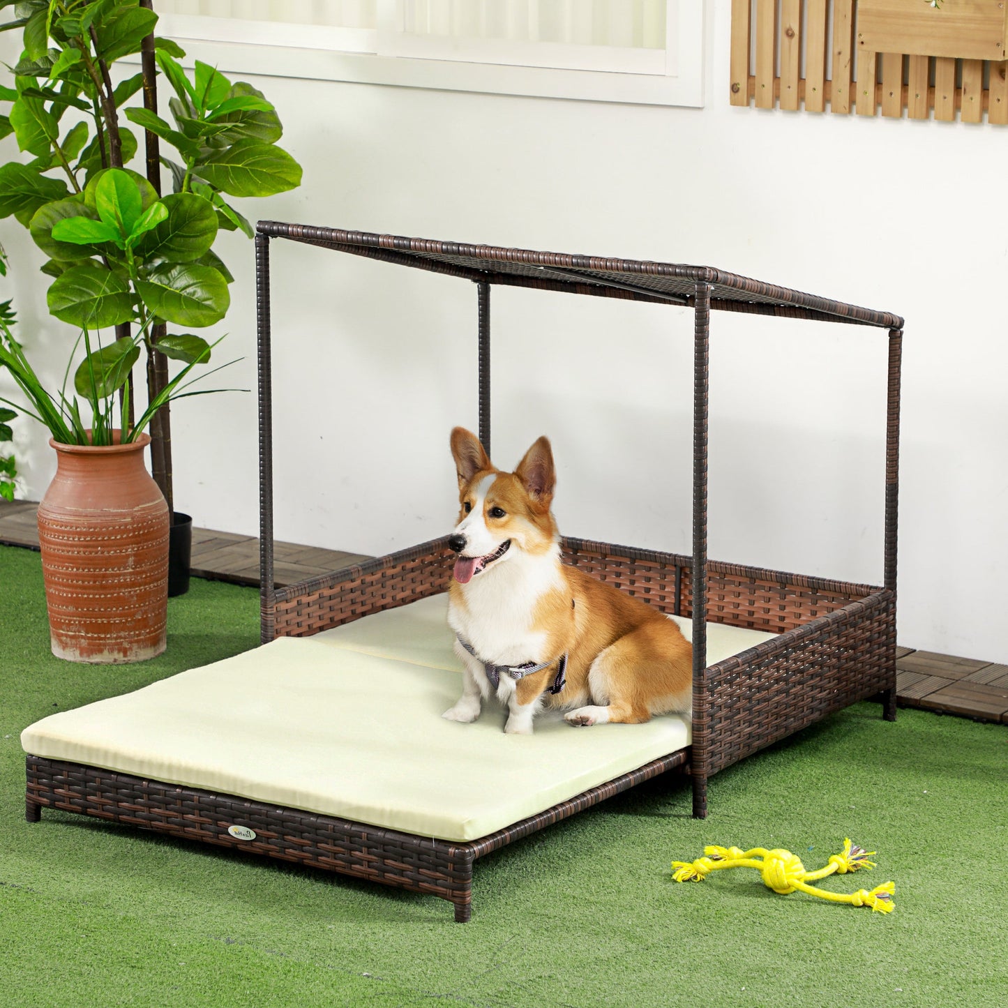Outdoor Wicker Dog Bed with Roof – Extendable Raised Pet Bed with Cushion CJ