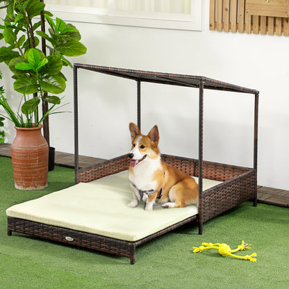 Outdoor Wicker Dog Bed with Roof – Extendable Raised Pet Bed with Cushion CJ