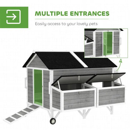 Portable Wooden Chicken Coop with Wheels and Nesting Boxes for 5–8 Chickens | Outdoor Mobile Hen House with Easy Clean Trays CJ