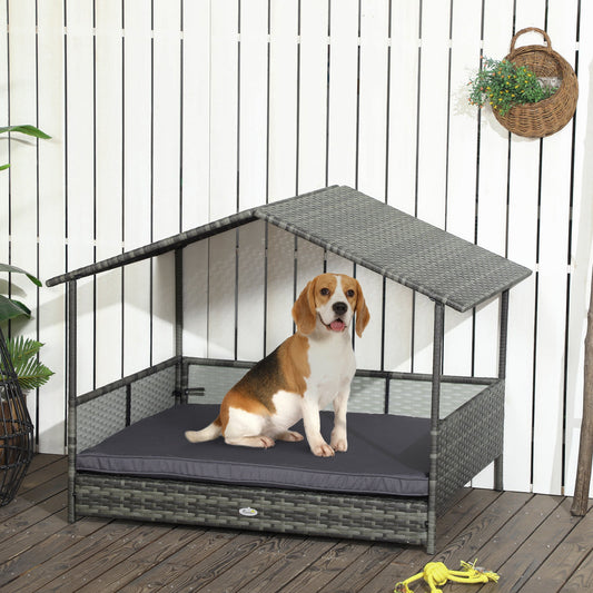 Large Outdoor Dog Bed with Canopy – Rattan Elevated Dog House with Cushion CJ
