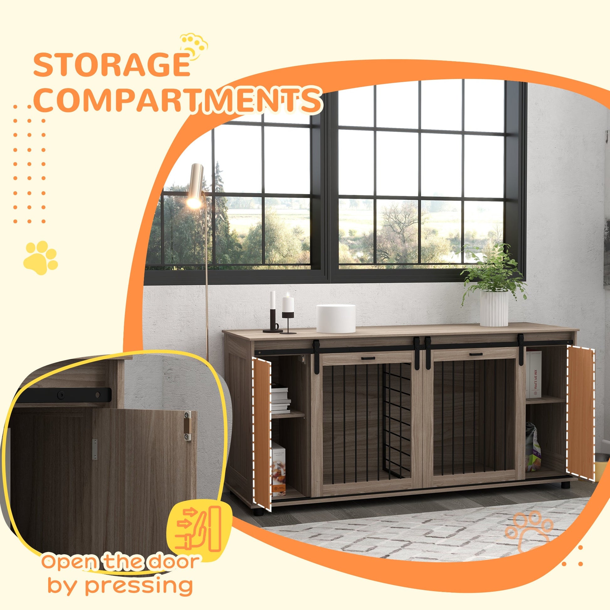 Modern Dog Kennel Furniture with Storage – Walnut Double Dog Crate & TV Stand CJ