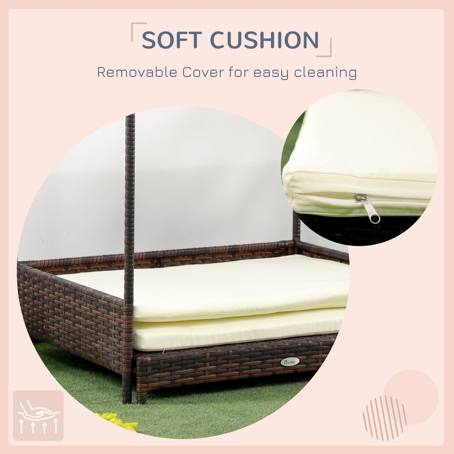 Outdoor Wicker Dog Bed with Roof – Extendable Raised Pet Bed with Cushion CJ