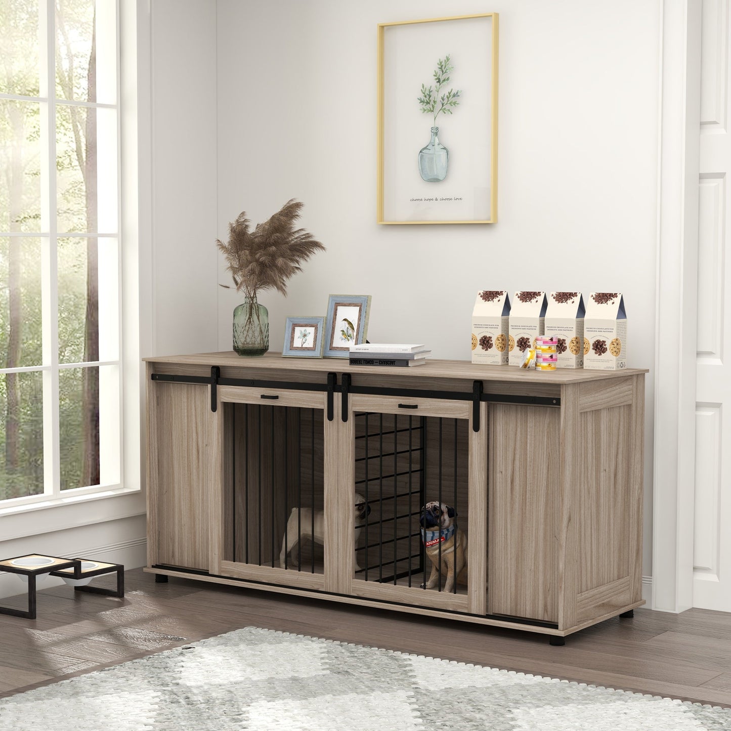 Modern Dog Kennel Furniture with Storage – Walnut Double Dog Crate & TV Stand CJ