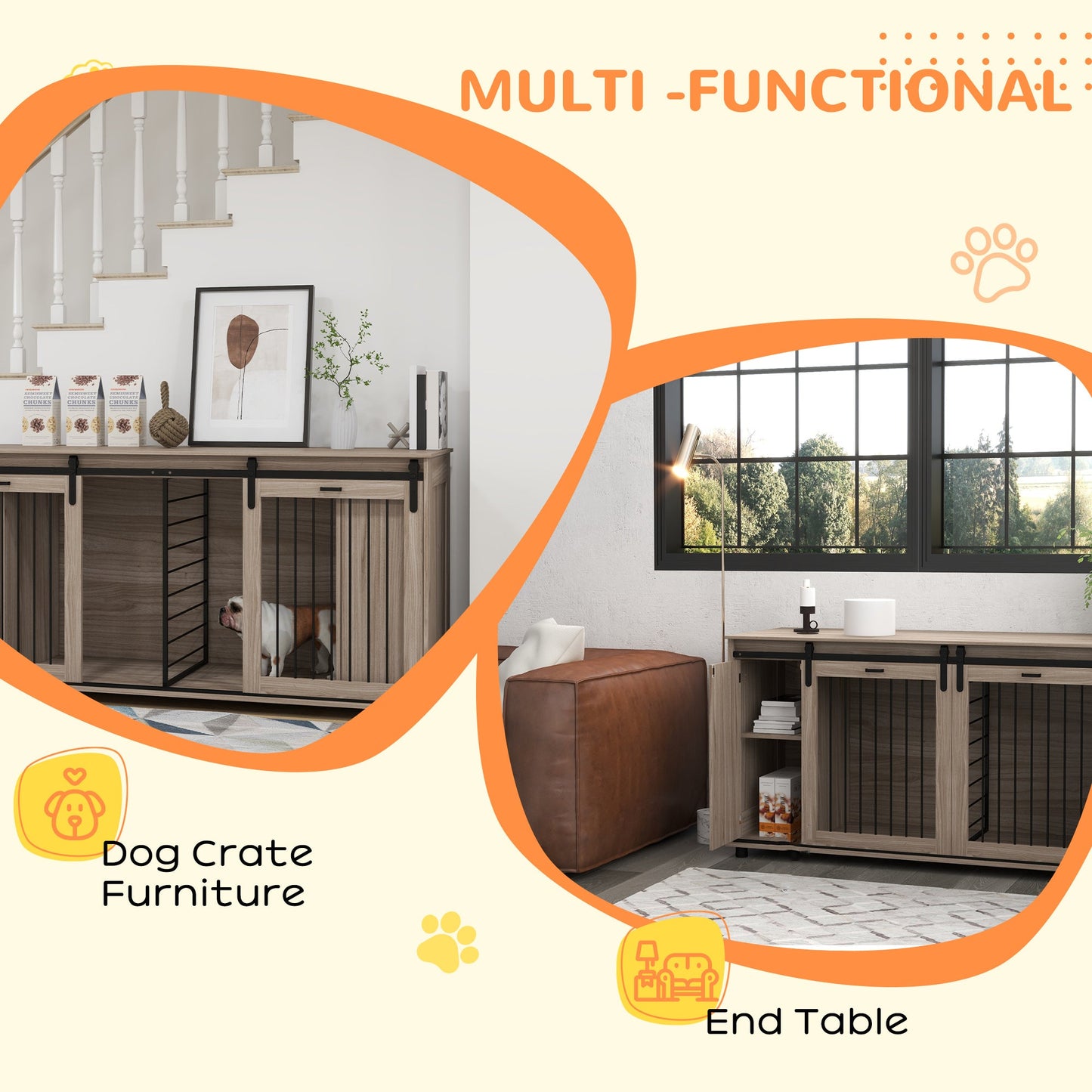 Modern Dog Kennel Furniture with Storage – Walnut Double Dog Crate & TV Stand CJ