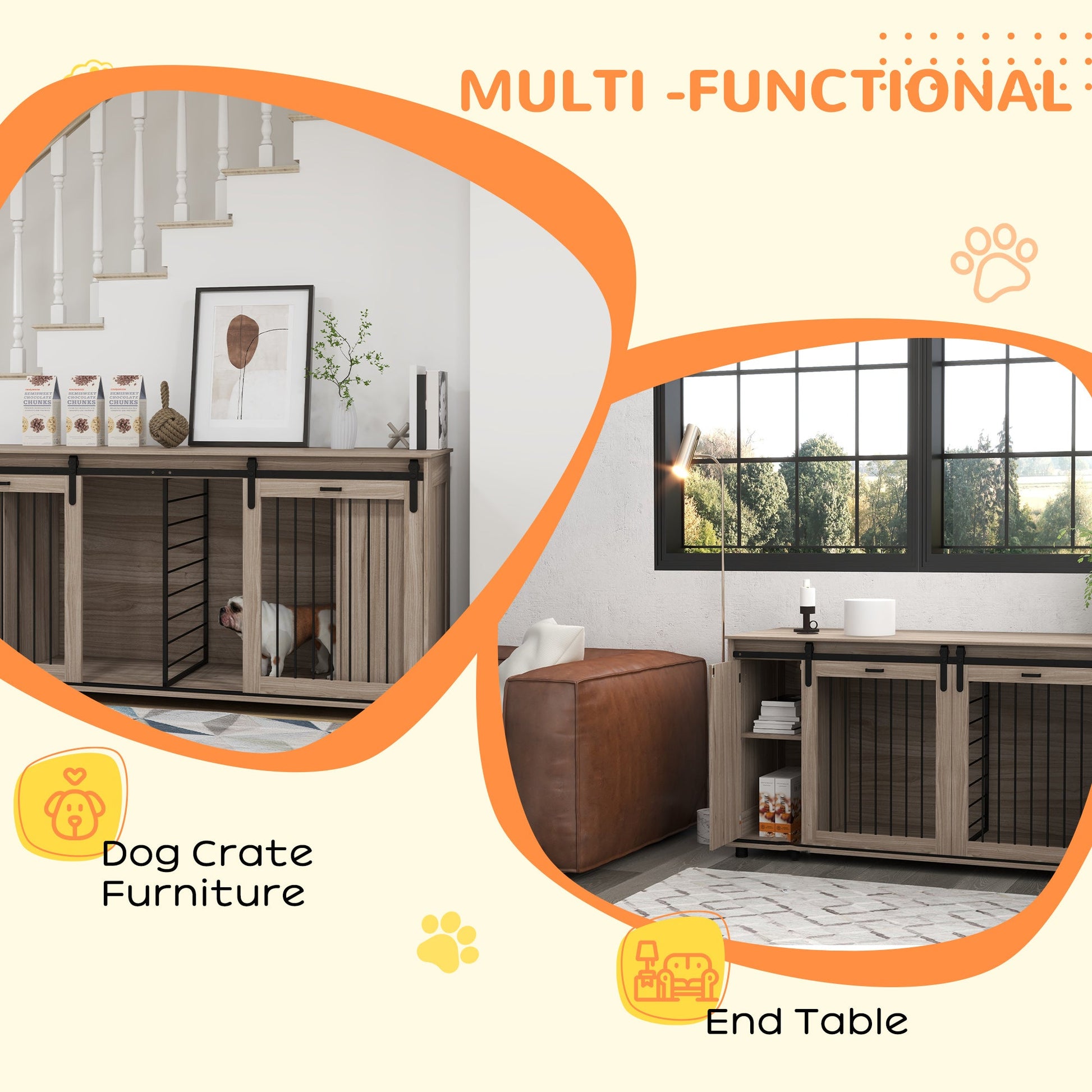 Modern Dog Kennel Furniture with Storage – Walnut Double Dog Crate & TV Stand CJ