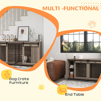 Modern Dog Kennel Furniture with Storage – Walnut Double Dog Crate & TV Stand CJ