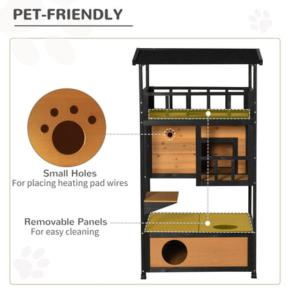 Wooden Outdoor Cat House – 3-Tier Feral Cat Shelter with Roof, Escape Doors and Climbing Platforms CJ