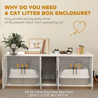 Cat Litter Box Enclosure Furniture – Double Room Hidden Litter Box Cabinet for 2 Cats CJ