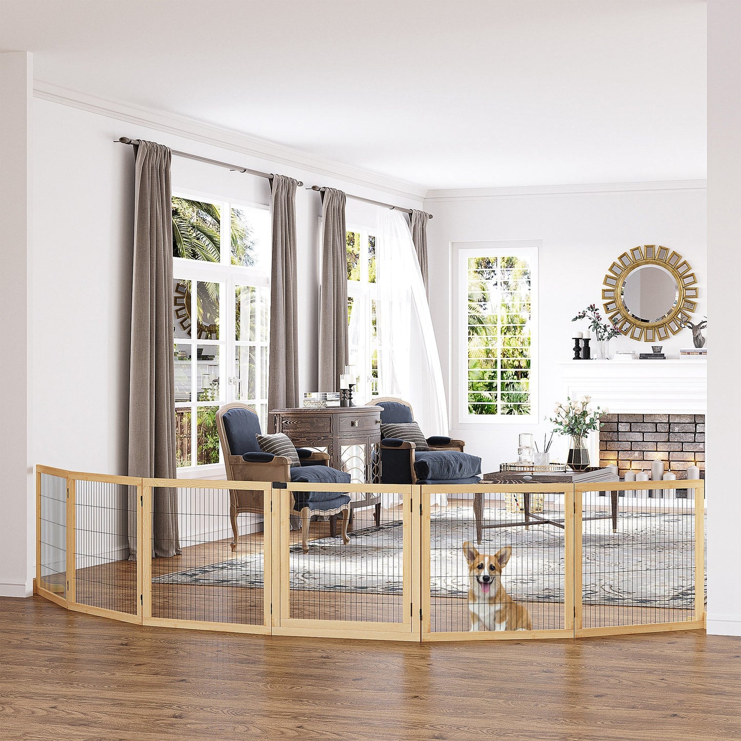 Freestanding Wooden Pet Gate – Foldable 6-Panel Dog Gate for Doorways and Stairs CJ