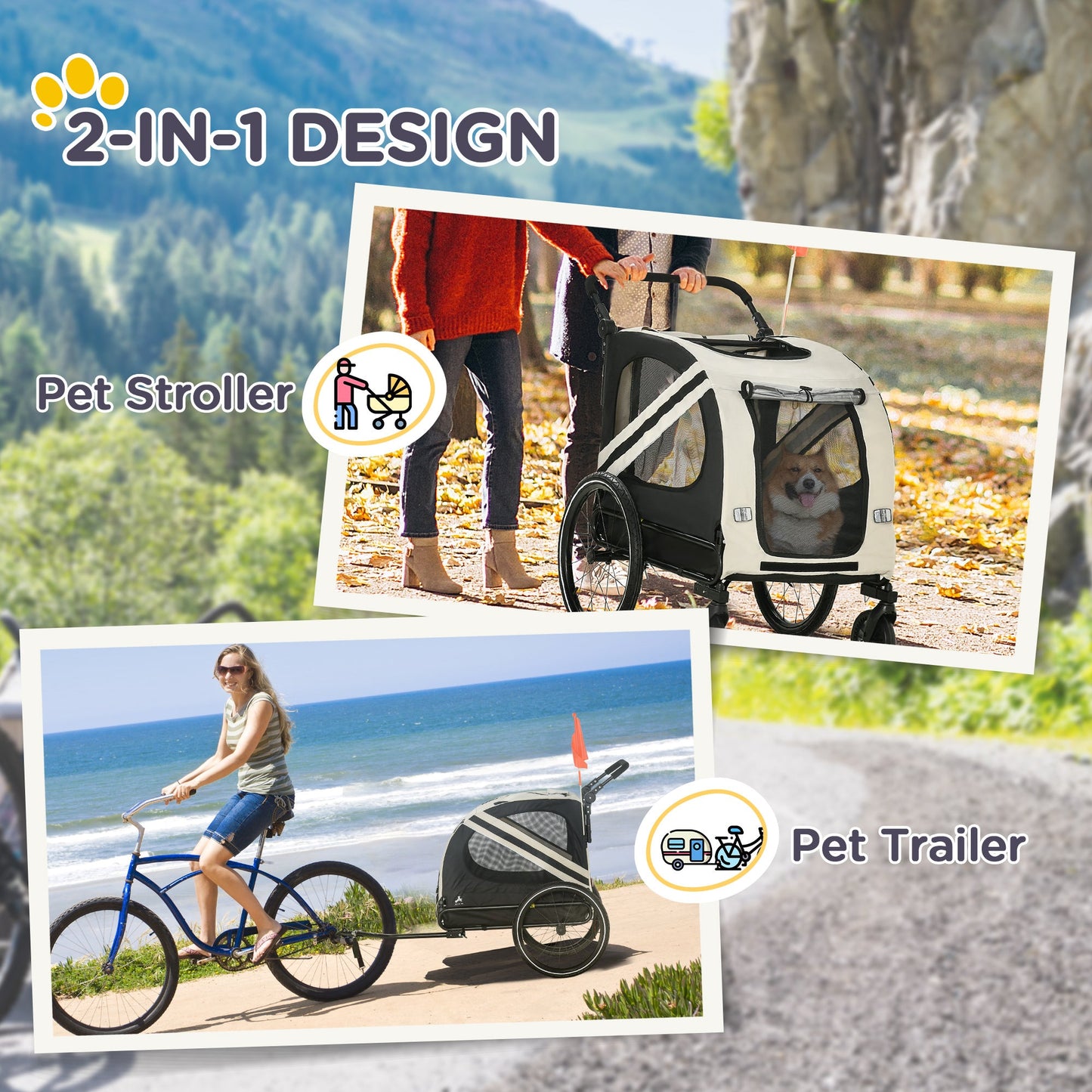 2-in-1 Pet Bike Trailer and Small Dog Stroller – Small Dog Bicycle Carrier with Safety Flag and Weather Protection CJ
