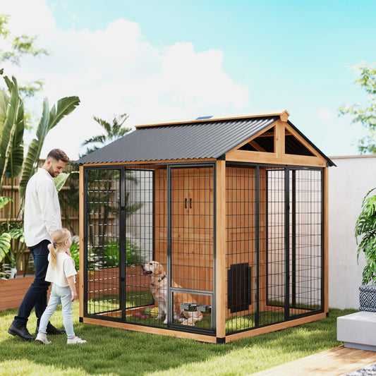 Extra Large Luxury Wooden Outdoor Dog Kennel with Covered House, Storage Cabinet and Elevated Feeding Station CJ