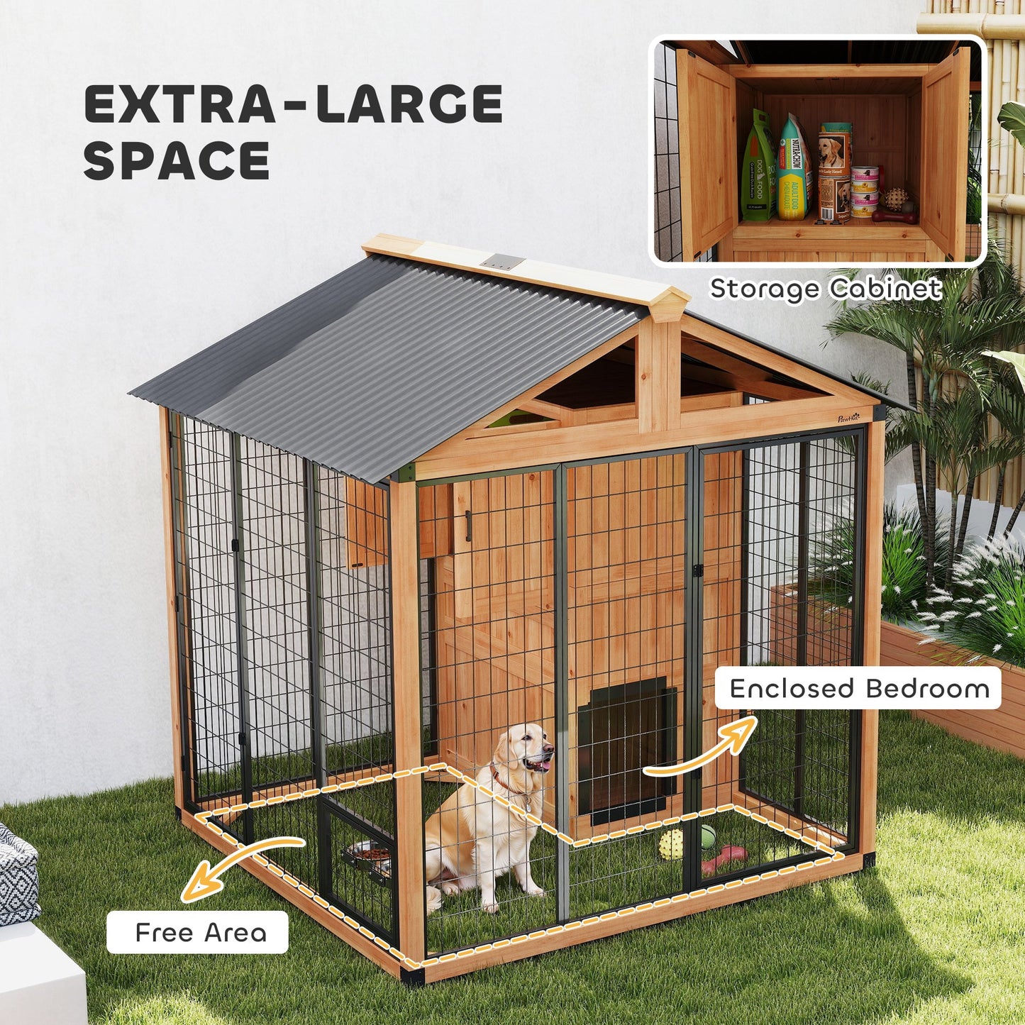 Extra Large Luxury Wooden Outdoor Dog Kennel with Covered House, Storage Cabinet and Elevated Feeding Station CJ