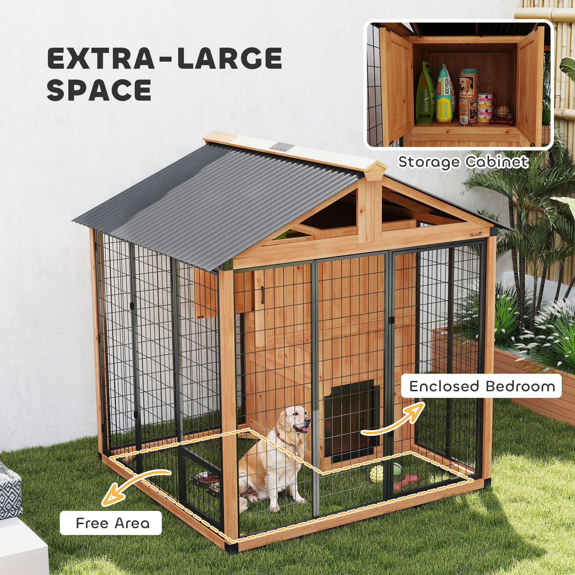 Extra Large Luxury Wooden Outdoor Dog Kennel with Covered House, Storage Cabinet and Elevated Feeding Station CJ