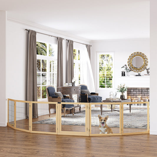 Freestanding Wooden Pet Gate – Foldable 6-Panel Dog Gate for Doorways and Stairs CJ