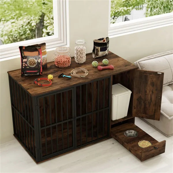 Coffee Table Dog Crate Furniture with Pull-Out Feeder CJ