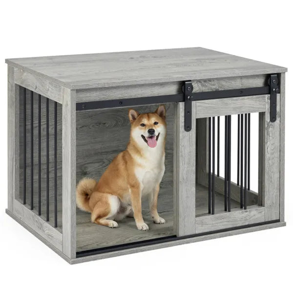 Dog Crate Furniture with Sliding Barn Door – Wooden Dog Kennel End Table CJ