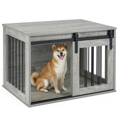 Dog Crate Furniture with Sliding Barn Door – Wooden Dog Kennel End Table CJ
