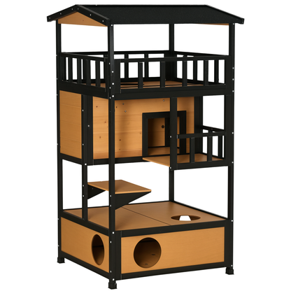 Wooden Outdoor Cat House – 3-Tier Feral Cat Shelter with Roof, Escape Doors and Climbing Platforms CJ