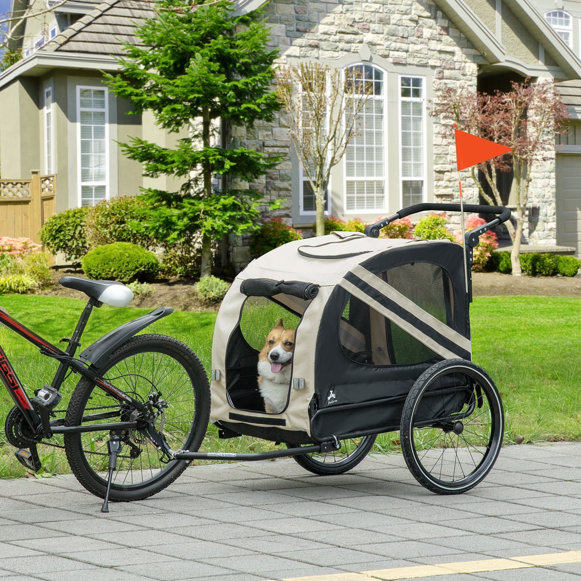 2-in-1 Pet Bike Trailer and Small Dog Stroller – Small Dog Bicycle Carrier with Safety Flag and Weather Protection CJ