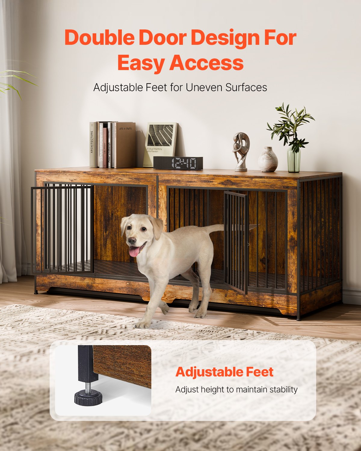 Dog Crate Furniture with Divider & Tray – Indoor Wooden Double Dog Kennel CJ
