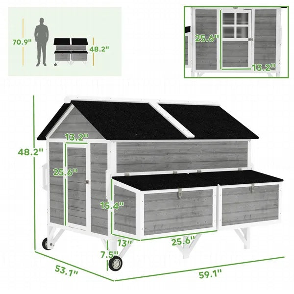 Portable Wooden Chicken Coop with Wheels and Nesting Boxes for 5–8 Chickens | Outdoor Mobile Hen House with Easy Clean Trays CJ