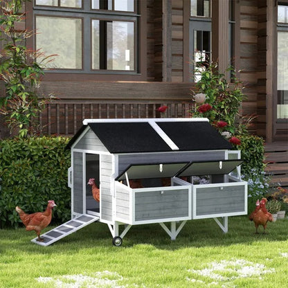 Portable Wooden Chicken Coop with Wheels and Nesting Boxes for 5–8 Chickens | Outdoor Mobile Hen House with Easy Clean Trays CJ