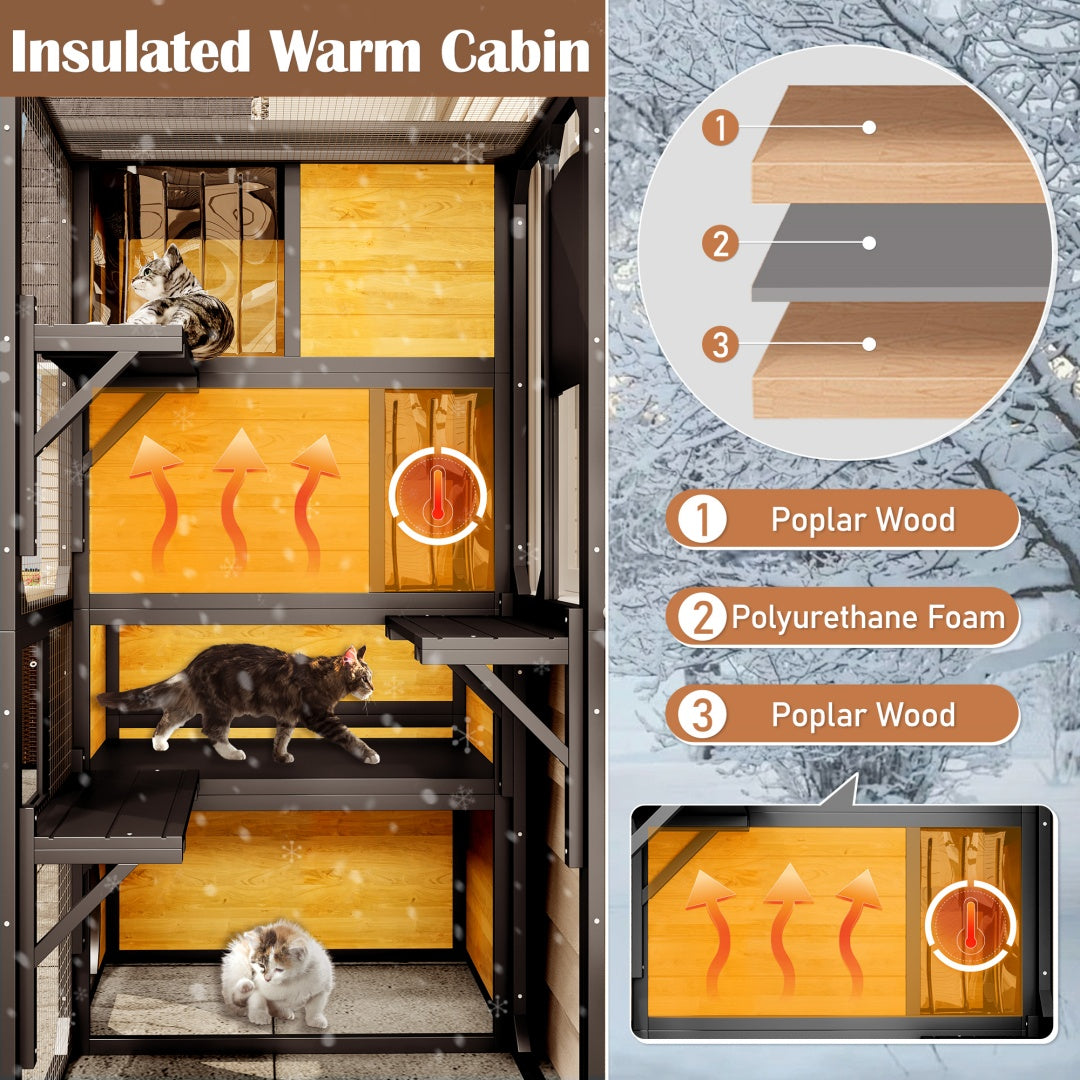 Large Catio 4 Tier Outdoor Cat Enclosure – Insulated Weatherproof Cat House with Window Access CJ