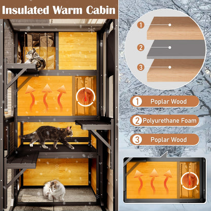 Large Catio 4 Tier Outdoor Cat Enclosure – Insulated Weatherproof Cat House with Window Access CJ
