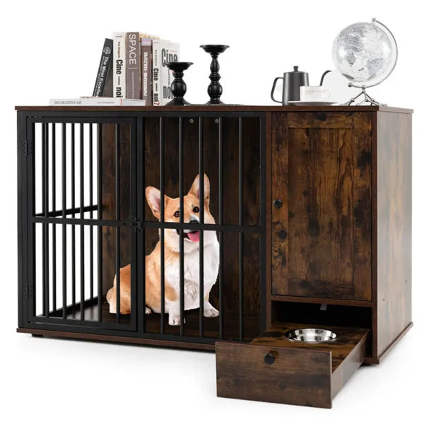 Coffee Table Dog Crate Furniture with Pull-Out Feeder CJ