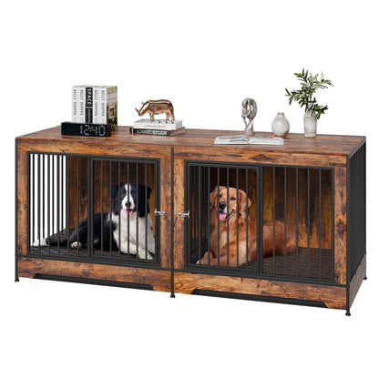 Dog Crate Furniture with Divider & Tray – Indoor Wooden Double Dog Kennel CJ